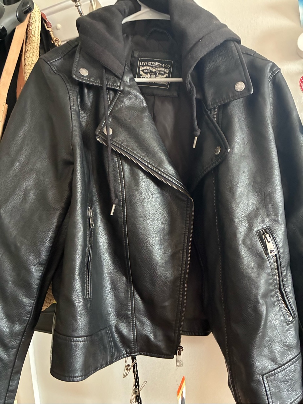Levi's Black Faux Leather Moto Jacket with Hood